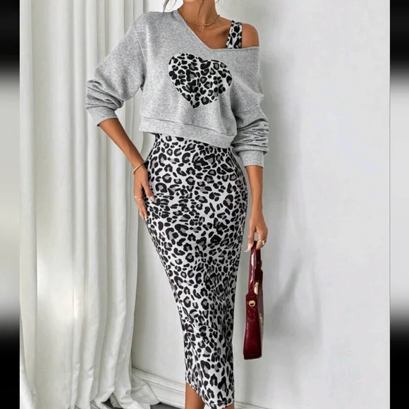 2pcs/Set Leopard Heart Print Hoodie With Form-Fitting Dress, Elegant - Picture 4 of 4